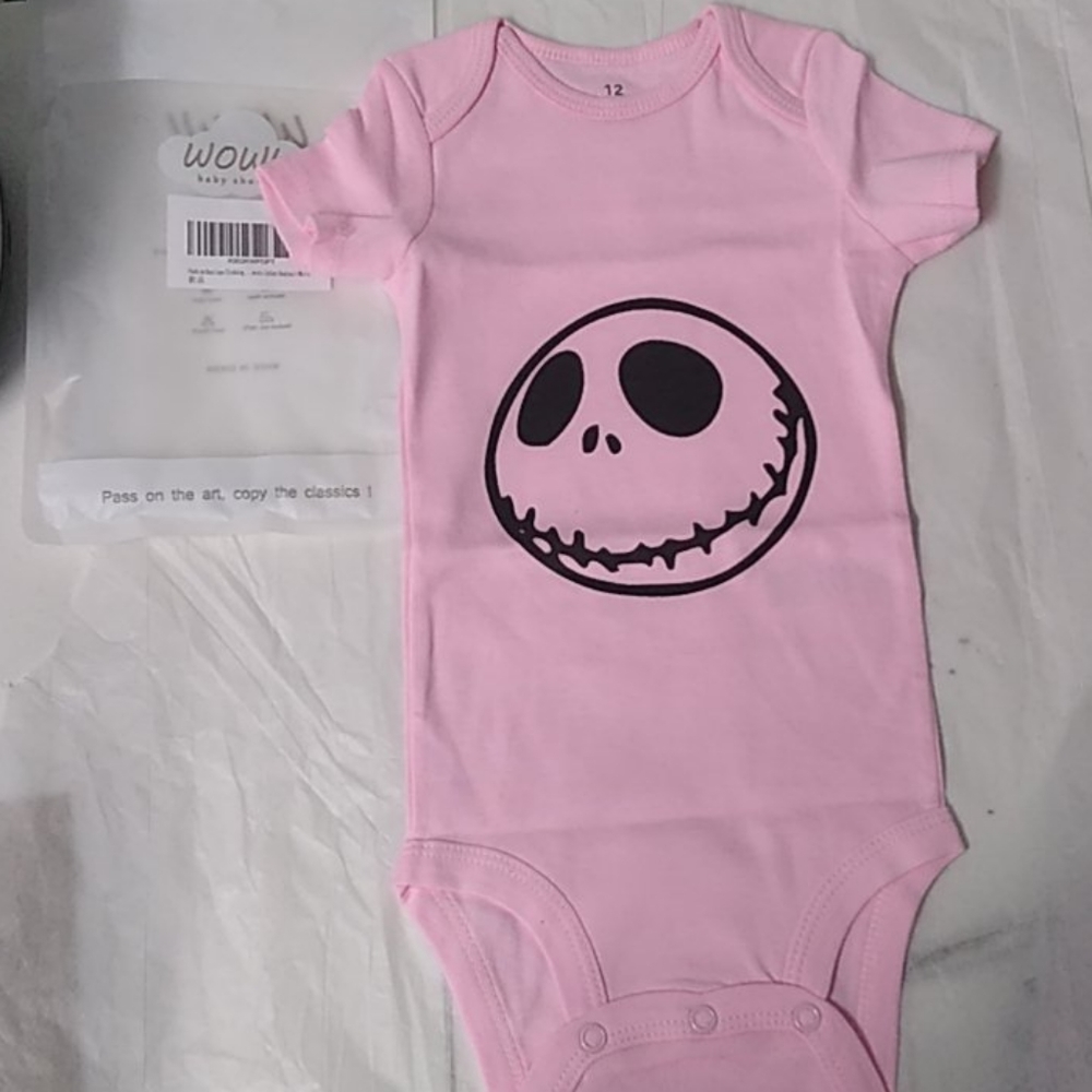 #407 pink 12-month onesie Jack Skellington